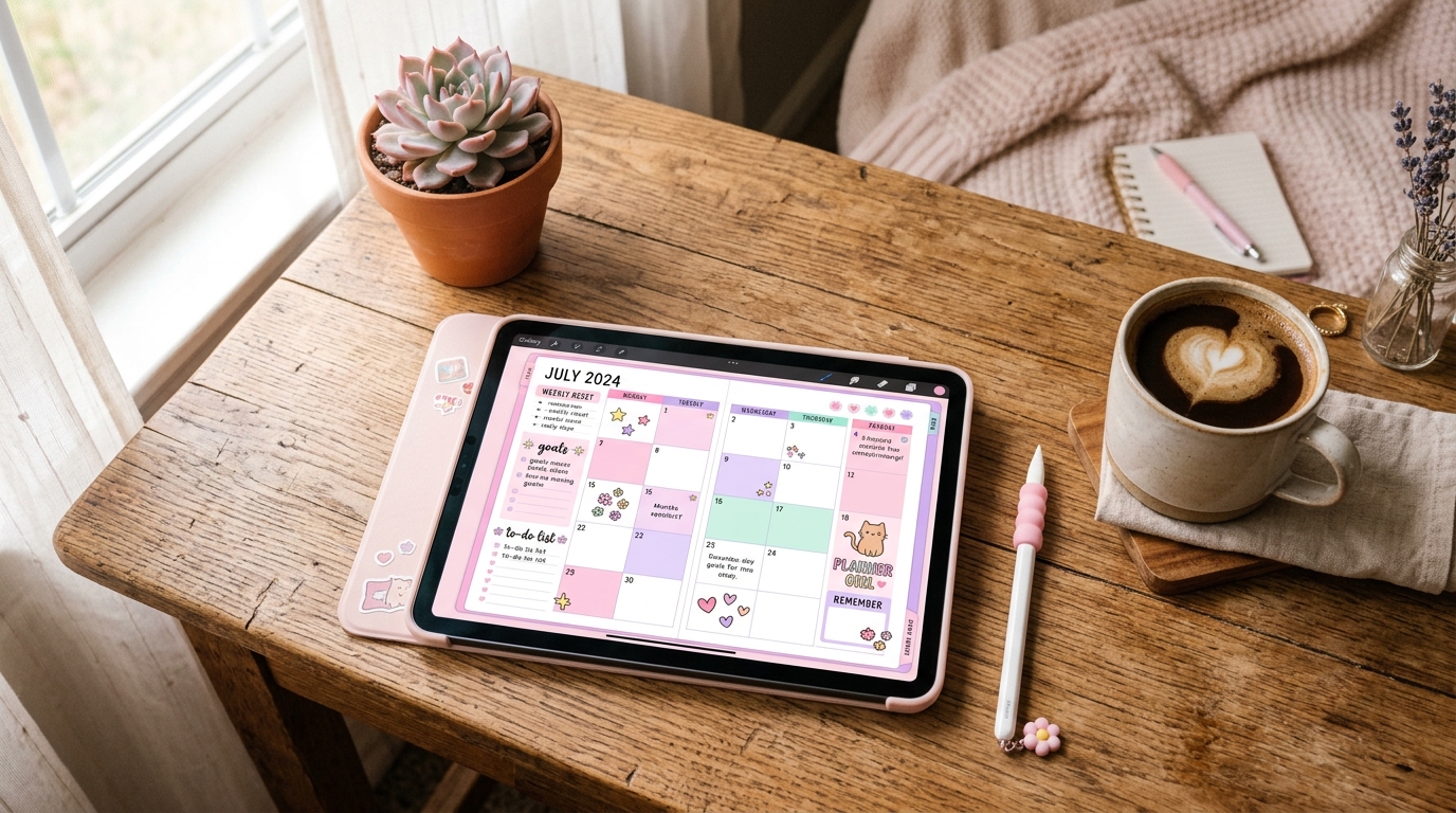 iPad showing a colorful digital planner with stickers and weekly layout
