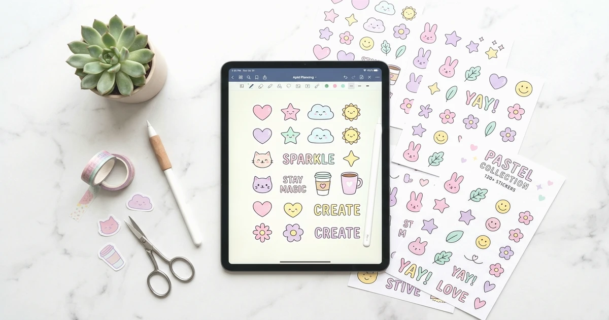 Colorful digital sticker pack displayed on a tablet screen with a digital planner