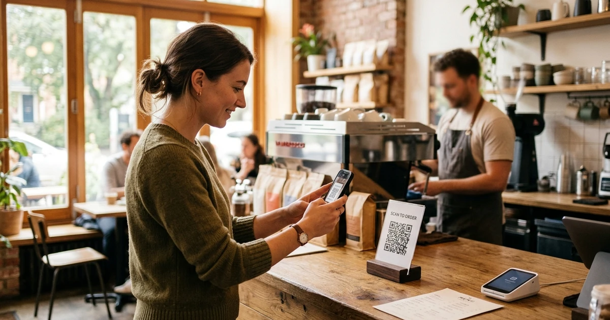 A smartphone scanning a branded QR code on a small business storefront window with a short link displayed beneath it