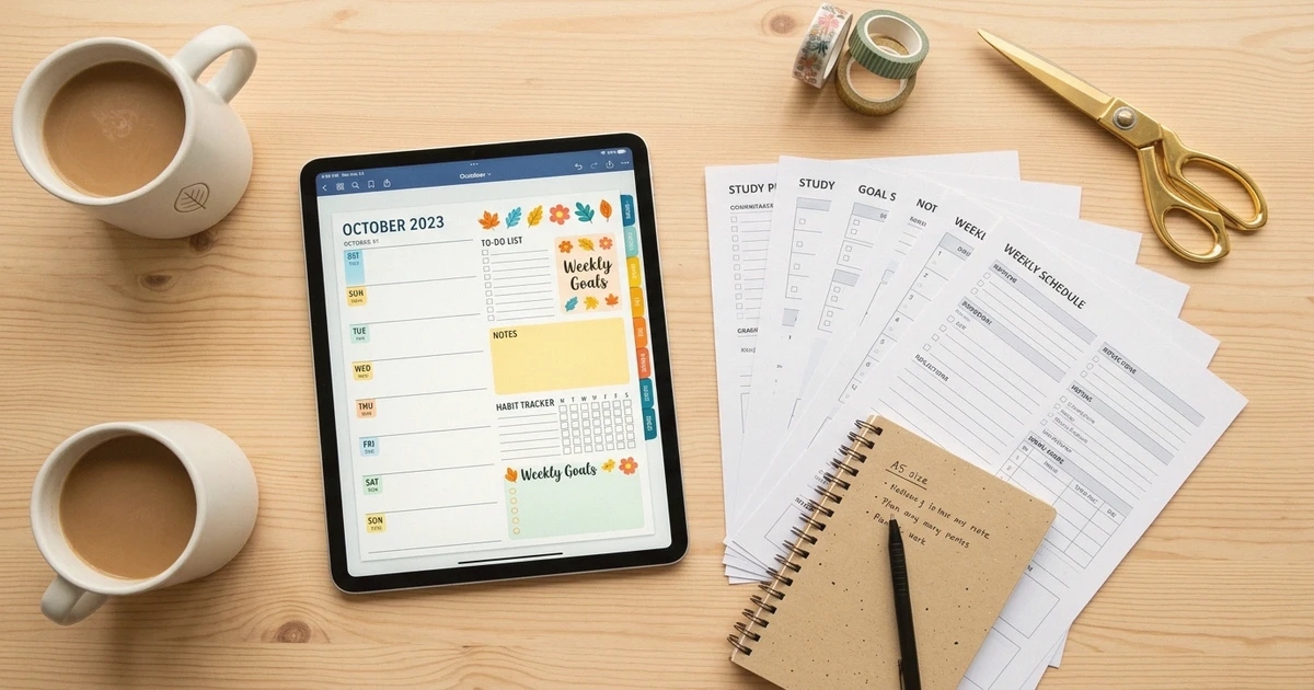A laptop displaying an Etsy shop dashboard with digital product listings including planners, stickers, and worksheets