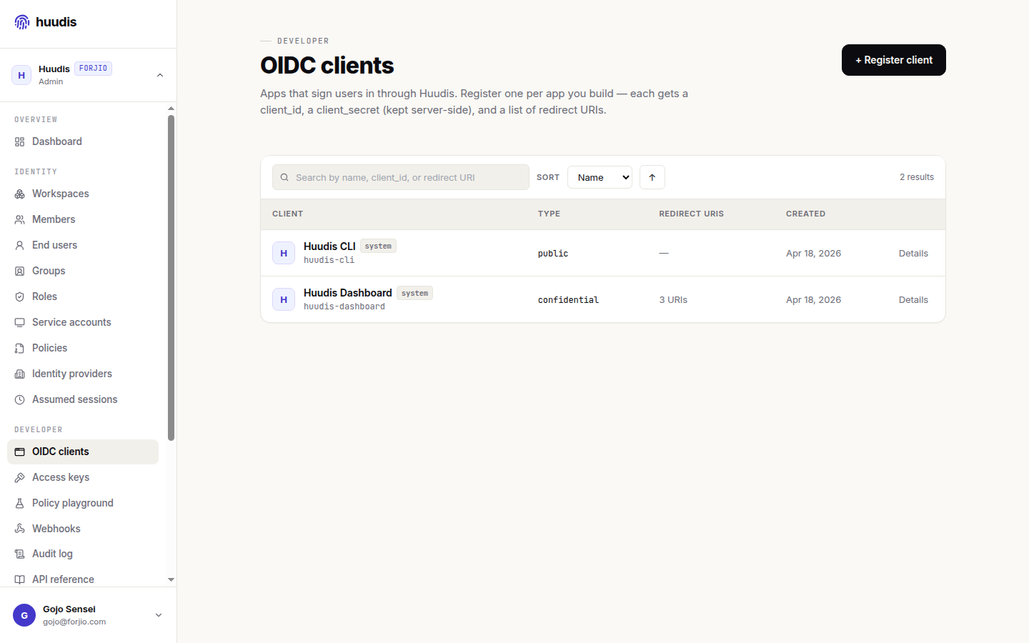 Huudis — OIDC clients