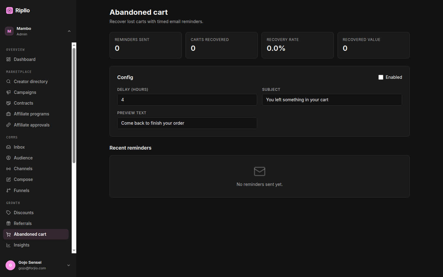 Ripllo — Abandoned cart + referrals
