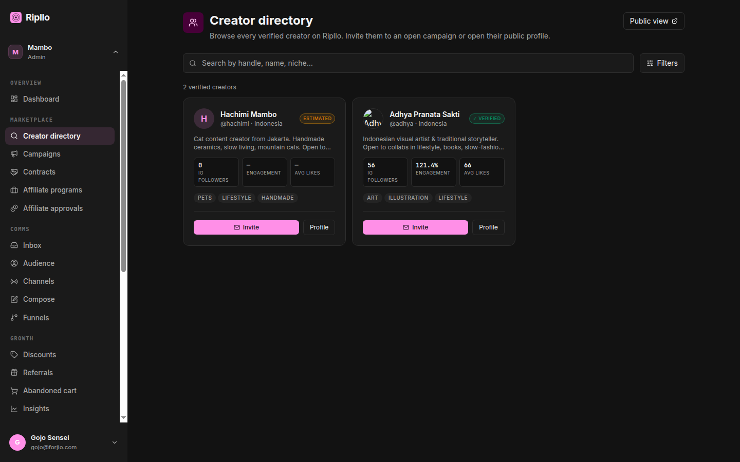 Ripllo — Creator directory