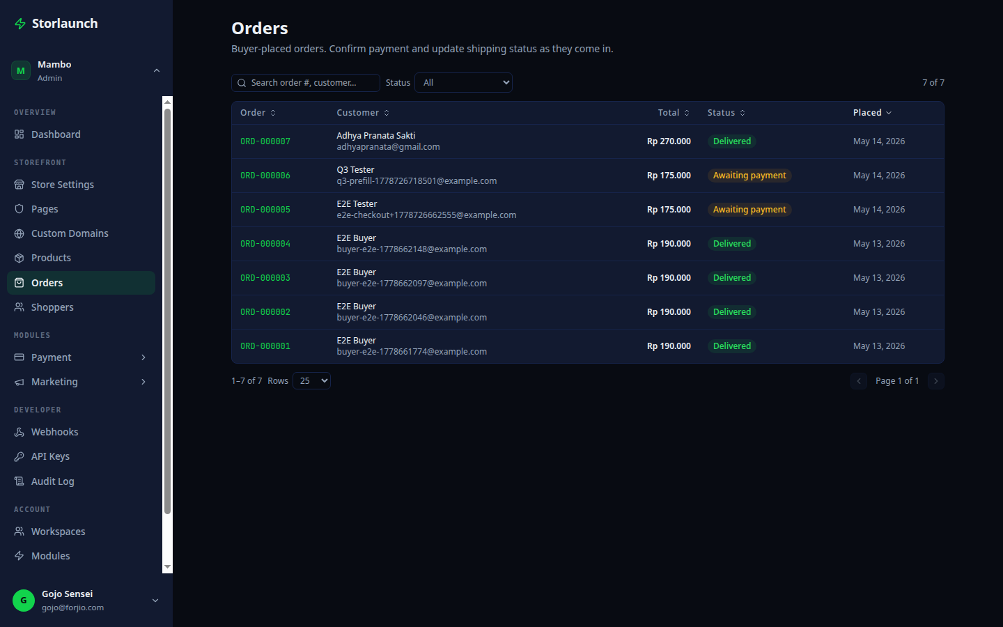 Storlaunch — Orders
